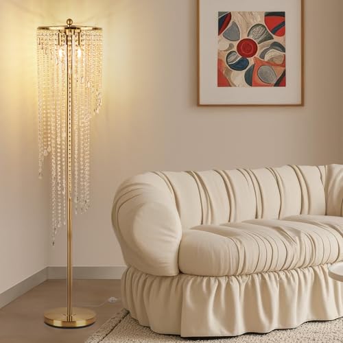 Modern Gold Floor Lamp with Crystal Shade - Tall Corner Lighting, 63 Inch