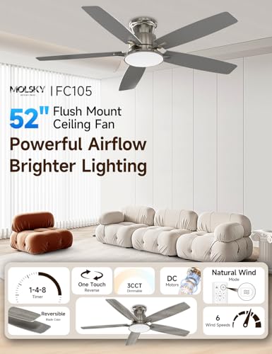 Brushed Nickel 52 Inch Ceiling Fan with Light and Remote - Dimmable LED, Silent Reversible Motor