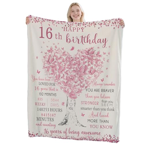 Sweet 16 Gifts for Girls, 16th Birthday Gifts for Girls, Cozy Blanket 50x60 Inch, Unique Birthday Present for 16 Year Old Teenage Daughter, Girly Bday Decorations for Sweet Sixteen Party