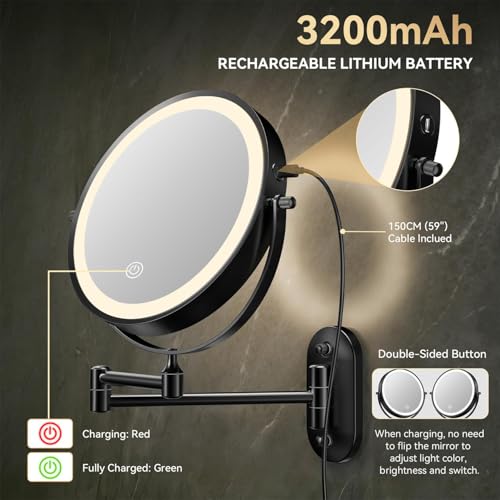 Auxmir Wall Mounted Makeup Mirror 8 Inch 20X Magnification, Rechargeable, Black, 9.2"L x 12"W