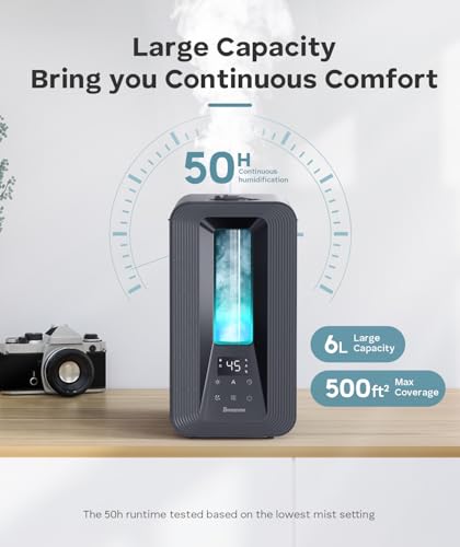 6L Cool Mist Humidifier for Large Bedroom - 50H Runtime, 7-Color Mood Light
