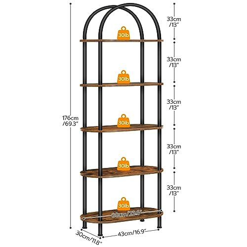 Rustic Brown 5-Tier Open Bookshelf - Industrial Arched Wooden Storage Shelf