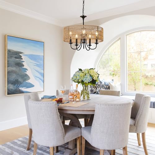 Black Farmhouse Chandelier Light Fixture - 5-Lights Rattan Pendant for Dining Room & Living Room
