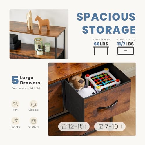 Brown 39.4" TV Stand Media Console with LED Power Station, 5 Drawers & Open Shelves