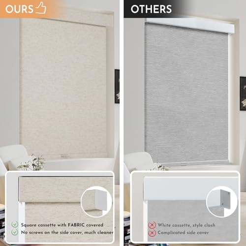 Persilux 45x72 Inch Blackout Roller Shades Linen Fabric Cordless Insulated UV Block for Home & Office - Cream Variation