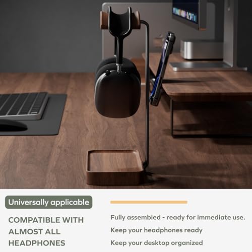 Walnut Wood Headphone Stand with Storage Base - Premium Solid Construction