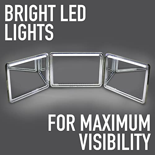 Self-Cut System 3-Way Mirror Heaven Lights - Portable 360-Degree Grooming Mirror with LED Lights, Chrome Glass, Adjustable Hooks, Foldable Design, Black