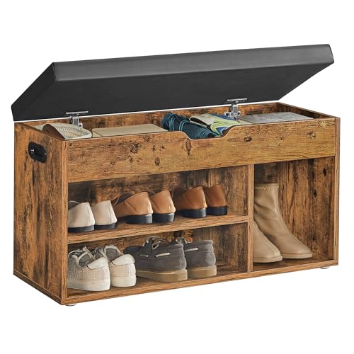 VASAGLE Storage Bench with Cushion, Shoe Storage, Rustic Brown + Ink Black, 31.5"W