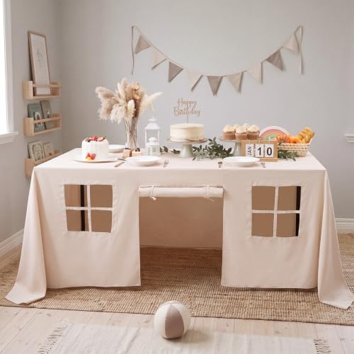 Large Kids Playhouse Tablecloth - 10ft x 7.5ft Beige Play Fort with Windows & Doors