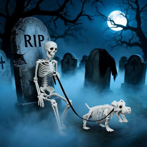 3 FT Human & Dog Skeleton Halloween Decorations Outdoor Indoor Set - Spooky Yard Props
