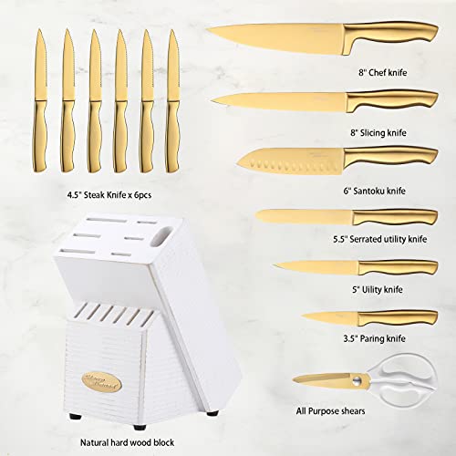 Marco Almond Gold Knife Set with White Knife Block, 14-Piece Titanium-Coated Kitchen Knives
