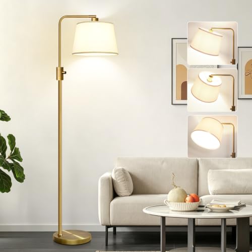 Dimmable Brass Floor Lamp with Linen Shade - Modern Arc Standing Lamp for Living Room & Bedroom