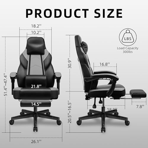 Shintenchi Gaming Chair with Footrest & Massage Lumbar Support - Grey
