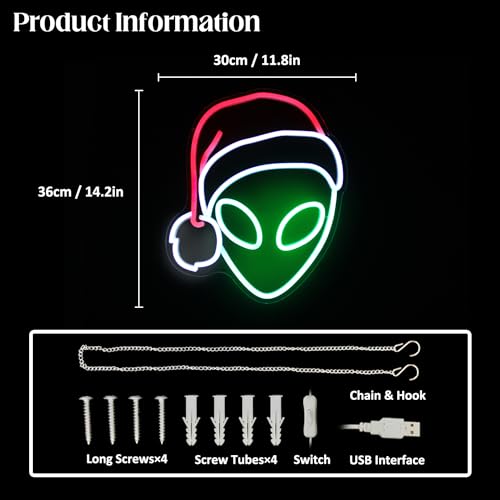 CKTBLEY Christmas Alien Neon Sign with Santa Hat (Red, Green, White) USB LED for Bedroom Decor
