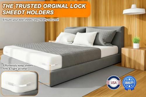 Gray Bed Sheet Holders for Corners - Heavy Duty Fitted Sheet Straps with Lock & Anti-Slip Pads (Set of 4)