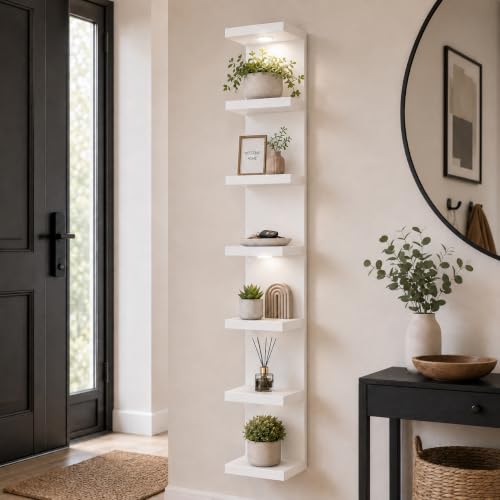 TFK 7 Tier White Floating Wall Shelf with LED Lights - Tall Display Storage