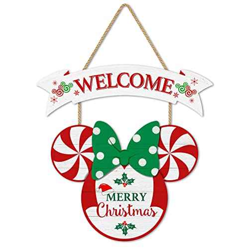 CIOEY Christmas Door Decor Mouse Welcome Door Sign, 2 Panels Wood Hanging Sign, Merry Christmas Decorations for Home Wall Christmas Party Supplies, Peppermint Decorative Home Porch Plaques