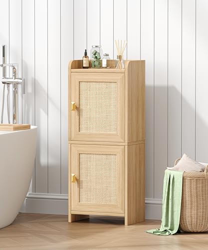 Akxomel Natural Oak Rattan Narrow Bathroom Cabinet – Compact Toilet Paper Organizer, 7.9''D x 11.8''W x 27.6''H