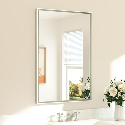 TETOTE 36 x 24 Inch Brushed Nickel Bathroom Mirror with Beveled Edge, Tempered Glass, Shatterproof Frame