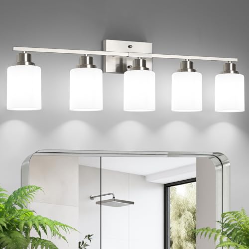 Brushed Nickel 5-Light Vanity Light Fixture with Frosted Glass Shades - Wall Sconce for Bathroom & Living Room - Includes Mounting Hardware