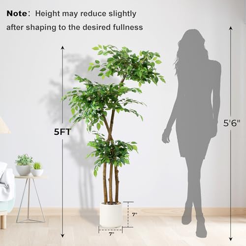 5FT Artificial Ficus Tree in White Planter with Moss & Pebbles - Realistic Home Decor