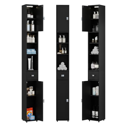 UYIHOME Narrow Bathroom Storage Cabinet with USB Light, Tall Black Slim Organizer
