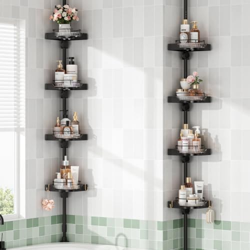Shuang Qing 360° Rotating Corner Shower Caddy Tension Pole Organizer Black - Adjustable, Rustproof Bathroom Storage