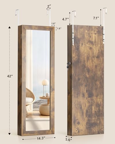 Nicetree Rustic Brown 6-LED Wall Jewelry Mirror Cabinet with Lock & Storage