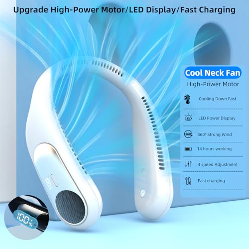 Namecute White Portable Neck Fan - 360° Bladeless Personal Wearable Cooler with LED Display, 4 Speeds, 6000mAh Rechargeable, Hands-Free Outdoor Indoor