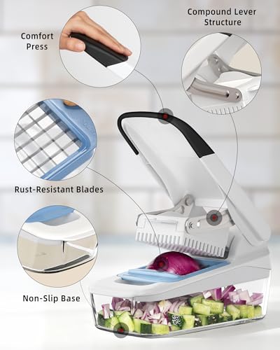 Vegetable Chopper with Container - Manual Onion Fruit Cutter, Rust-Resistant Blades