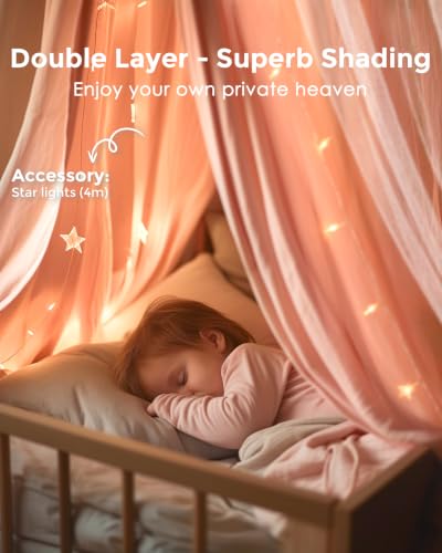 Large Peach Pink Bed Canopy for Girls with Star Lights - 39.4"x106"