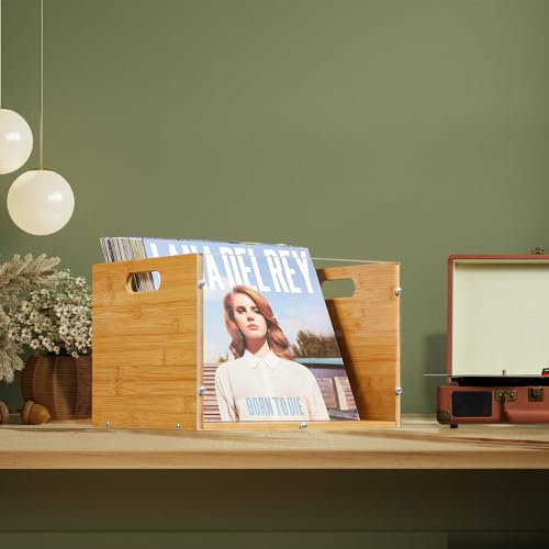Vinyl Record Storage Box Set - 2 Pack Bamboo & Acrylic Crates for Albums & Magazines