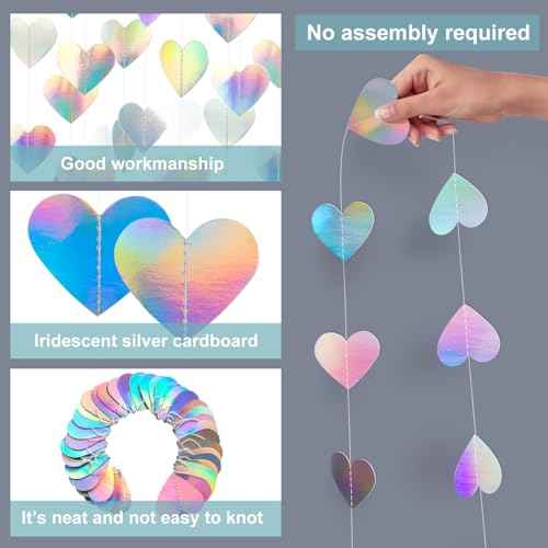 52 Feet Love-Heart Garland Shiny Iridescent Heart Streamers Holographic Paper Garland for Valentines Day Birthday Wedding Engagement Bridal Shower Bachelorette Winter Christmas Decoration