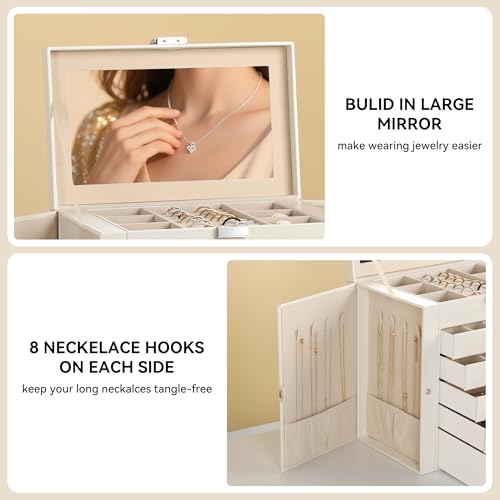 Pearl White 6-Layer Jewelry Box for Women, Large Organizer with Mirror & Drawers