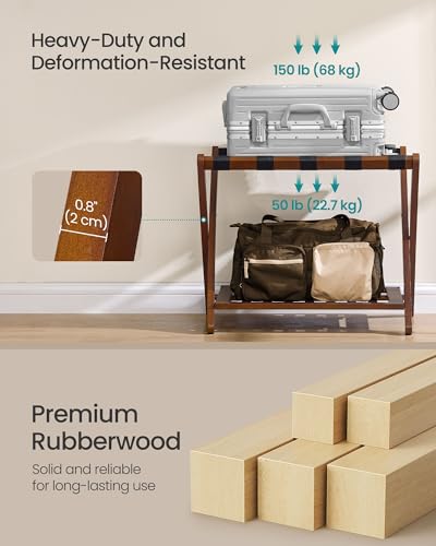SONGMICS Solid Wood Luggage Rack 2 Pack with Storage Shelf, No Assembly, Coffee Brown