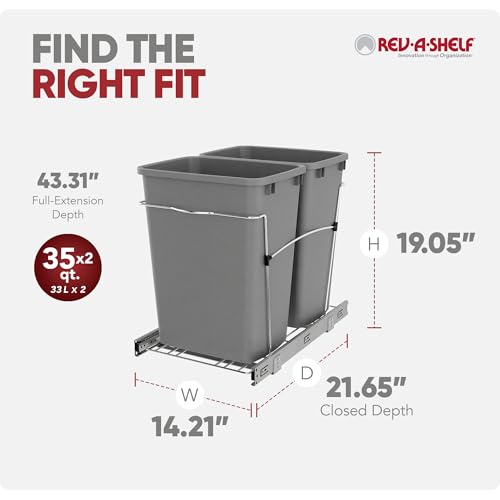 Rev-A-Shelf Double Pullout Garbage Bin System - 35 Qt, Metallic Silver