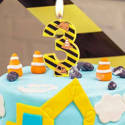 Construction Theme Birthday Candle, Construction Birthday Cake Toppers for Boys, Number 3 Candle, Yellow Black Stripes Birthday Candle for Themed Birthday Party Decoration Supplies Favors Gifts