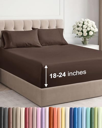 Queen Extra Deep Bed Sheet Set - Cooling Microfiber, Brown - Variation 09