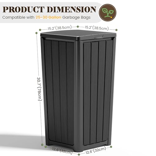 Outdoor Trash Can with Lid - 30 Gallon Waterproof Resin Waste Bin for Patio Garden Garage - Black