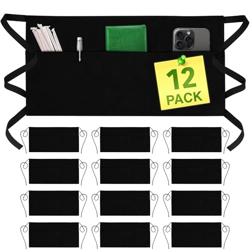 GREEN LIFESTYLE 12 Pack Black Water-Resistant Server Aprons with 3 Pockets – Waist Apron for Waitstaff & Chefs