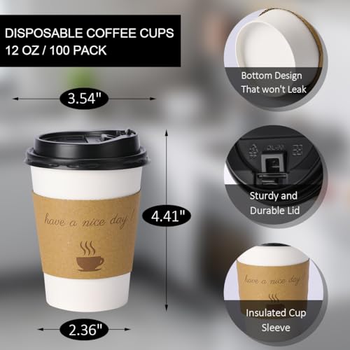 White 12oz Disposable Coffee Cups with Lids - 100 Pack