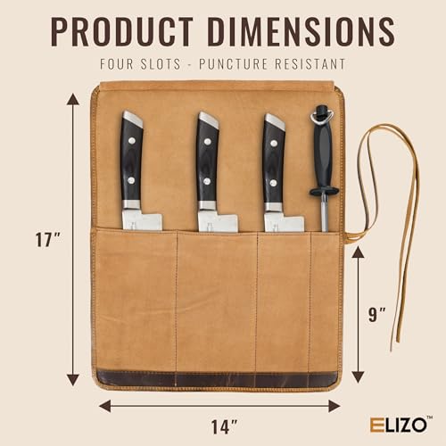 ELIZO Antique Leather Knife Roll Bag with 4 Slots - Professional Chef Case