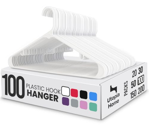 Utopia Home Plastic Hangers 100 Pack with Built-in Strap Hooks - White