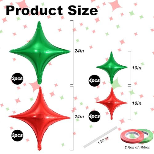 Red and Green Star Balloons Set - 14pcs Foil Balloons for Christmas & Birthday Decorations