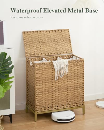 SETVSON 35 Gal Laundry Hamper with Lid, 3-Bag Clothes Sorter, Natural Rattan Finish