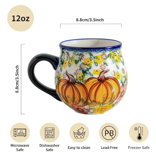 ALMA 12oz Handpainted Pumpkin Ceramic Coffee Mug with Handle (Pumpkin Variant)