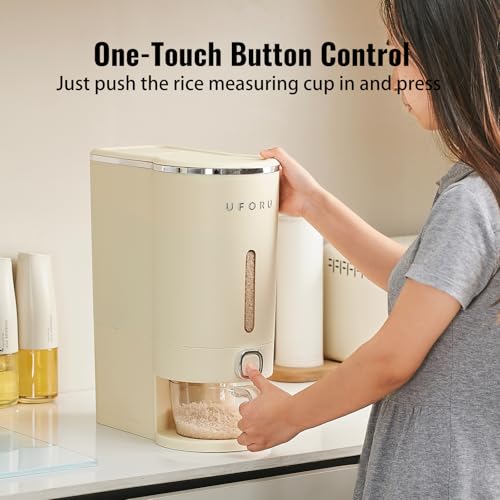 UFORU Cream White 23-25LB Airtight Rice Dispenser with Measuring Cup and Pest Prevention