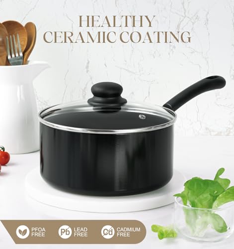 Nonstick Saucepan Set with Lids - 1QT, 2QT, 3QT Ceramic Coating - Black