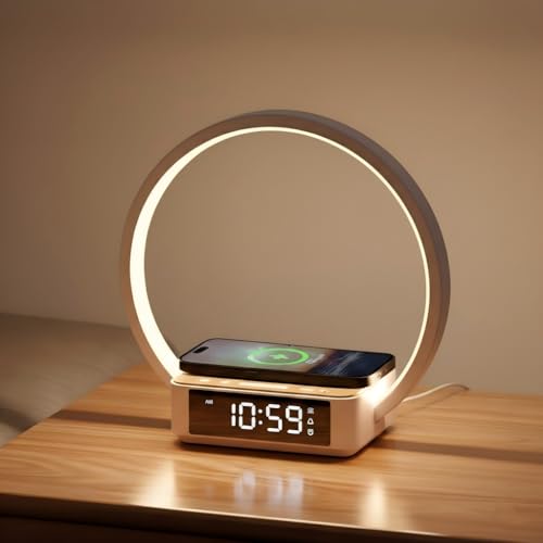 WILIT Bedside Lamp with Alarm Clock & Sunrise Wake-Up Light - Wood Grain Round