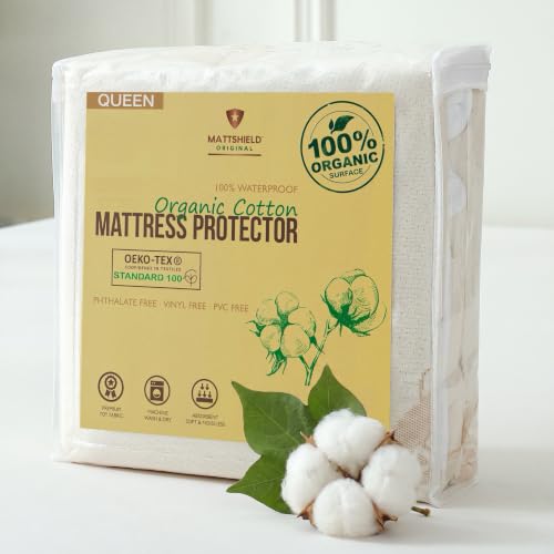 Organic Waterproof Mattress Protector Queen Size Classic Polyester Skirt – Noiseless & Breathable, 250 GSM
